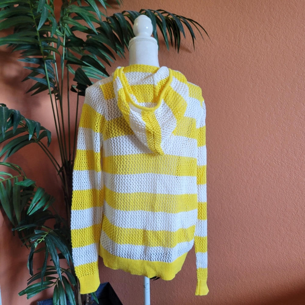 3/$25 Quacker Factory Open Knit Crochet Beach Sweater Hoodie Zipper Stripe Med - Picture 5 of 12